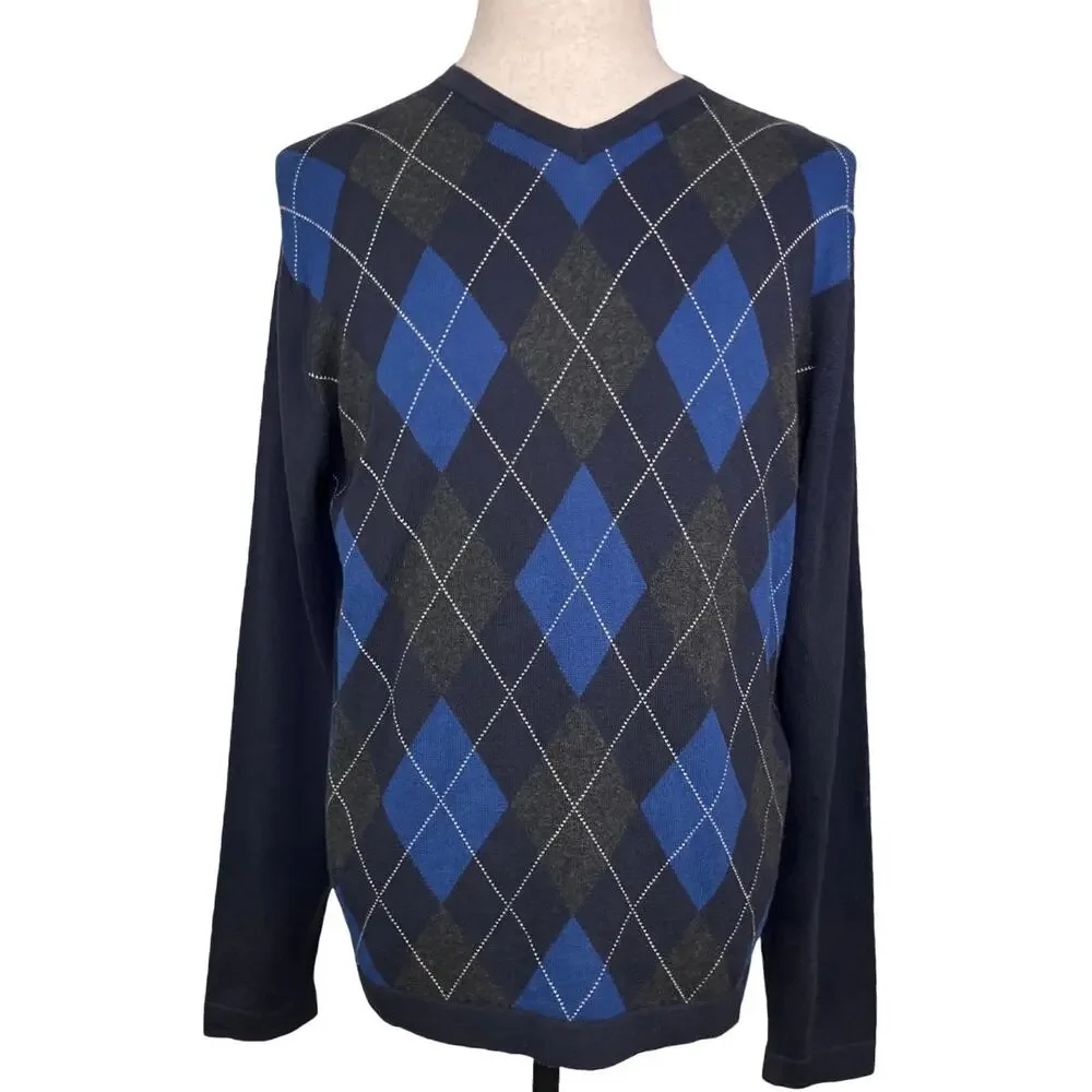 Banana Republic Argyle Sweater Mens Medium Blue Cotton Crew Neck NWT